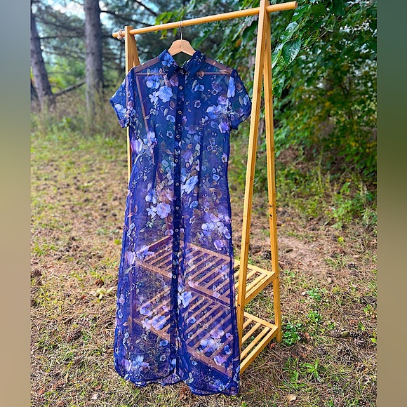 Vintage Dresses & Skirts - Vintage Sheer Floral Button Up Short Sleeve Maxi Dress Size 12
